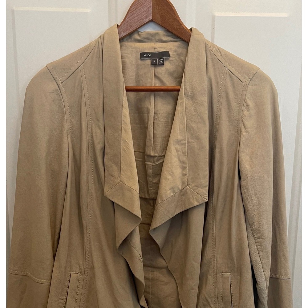 Vince Tan Beige Draped Open Front Leather Jacket‎ Ribbed Knit Sleeve Womens S